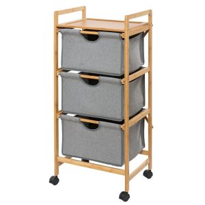 Dulapior pentru baie Wenko, Bahari Wheels, lemn de bambus, 34x44x96 cm - Wenko, Crem,Gri & Argintiu